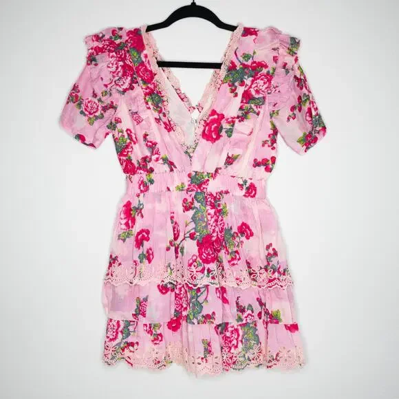 LoveShackFancy Aldina Mini Dress Pink Desert Floral Tiered Crochet SZ XS NWT - Picture 5 of 8